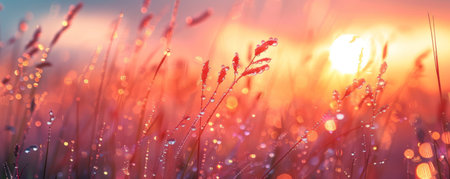 Grass in dew in the rays of dawnの素材