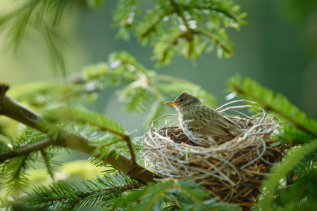 bird hatches eggs in a nestの素材