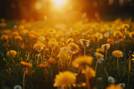 Field of yellow dandelions against the backdrop of dawnの素材