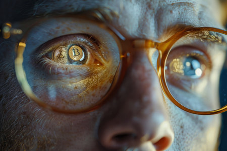 Reflection of the Bitcoin cryptocurrency coin sign in the eyes of a man working on a computerの素材