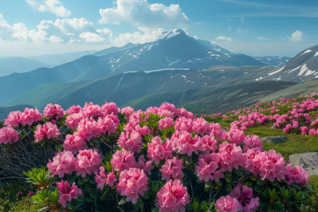 Blooming pink rhododendrons in the mountainsの素材
