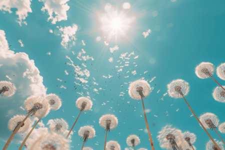 Dandelion seeds blowing in the windの素材