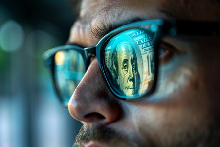 Man in glasses with reflection of dollar bills, concept of earnings and investmentsの素材