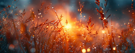 Grass in dew in the rays of dawnの素材