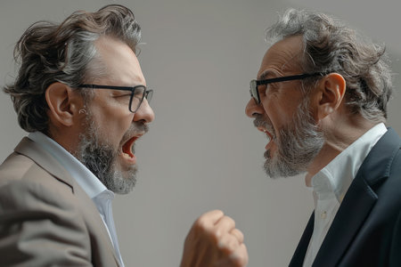 Two businessmen screaming at each other with aggressive facial expressionsの素材