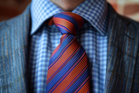 Businessman wearing blue suit, shirt and colorful striped necktieの素材