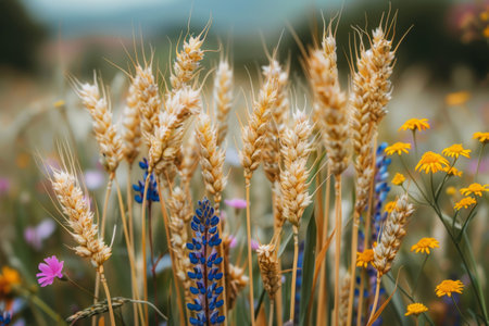 Wild flowers in a wheat fieldの素材