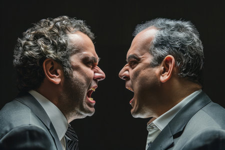Two businessmen screaming at each other with aggressive facial expressionsの素材