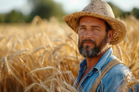 Male farmer in a straw hat in a wheat fieldの素材