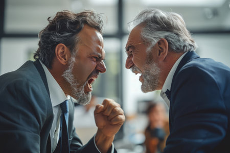 Two businessmen screaming at each other with aggressive facial expressionsの素材