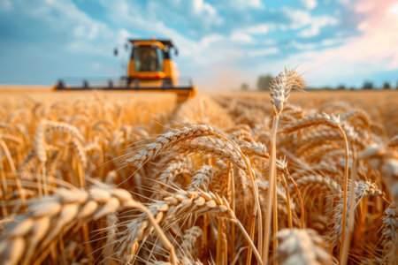 Combine harvester harvesting ripe wheat on sunny dayの素材