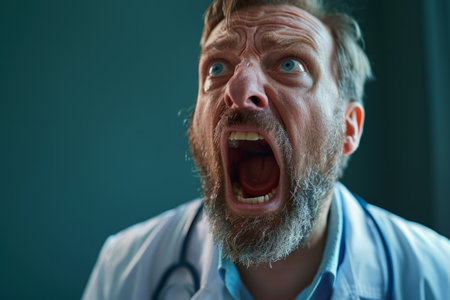 Stressed doctor shouting in hospital officeの素材
