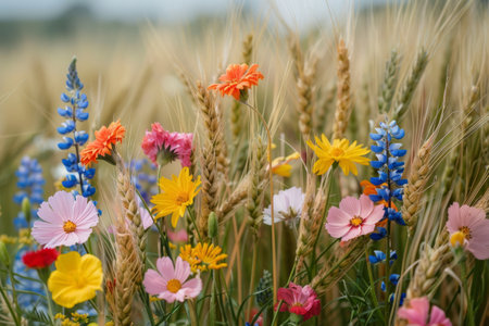 Wildflowers and wheat growing together in harmony in a fieldの素材
