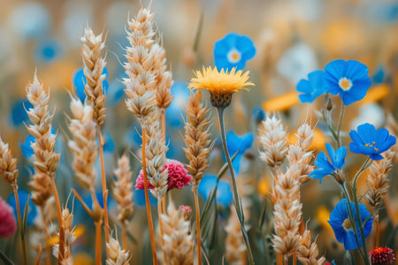 Wildflowers and wheat growing together in harmony in a fieldの素材