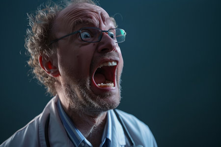 Stressed doctor shouting in hospital officeの素材