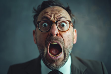 Businessman with shocked face expression, opening his mouth and staringの素材