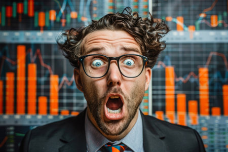 Stressed trader with panic attack watching stock market crashingの素材