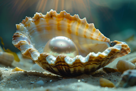 Beautiful pearl in an open seashell on the beachの素材