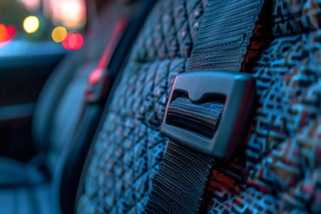 Closeup of fastened seat belt in modern car interiorの素材