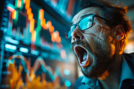Stressed, shocked trader screams as stock charts fallの素材
