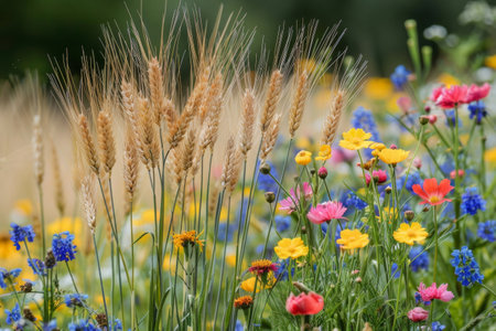 Wildflowers and wheat growing together in harmony in a fieldの素材