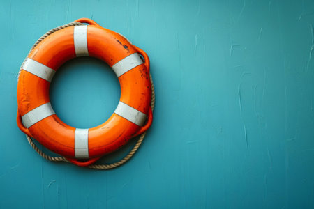 Orange lifebuoy hanging on a blue wall providing safety and securityの素材