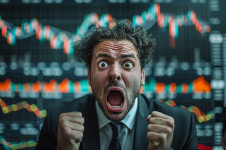 Stressed, shocked trader screams as stock charts fallの素材
