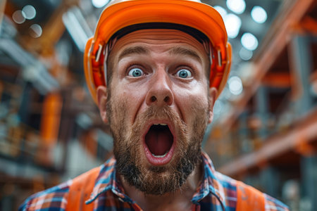 Construction worker wearing safety glasses and hard hat screamingの素材