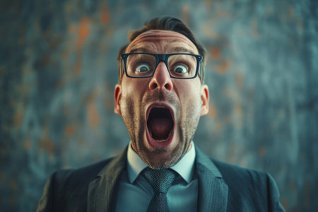 Screaming emotional surprised businessman in suitの素材