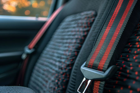 Closeup of fastened seat belt in modern car interiorの素材