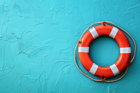 Orange lifebuoy hanging on a blue wall, safety and help conceptの素材