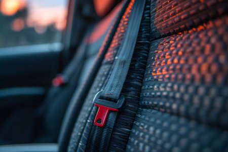 Closeup of fastened seat belt in modern car interiorの素材