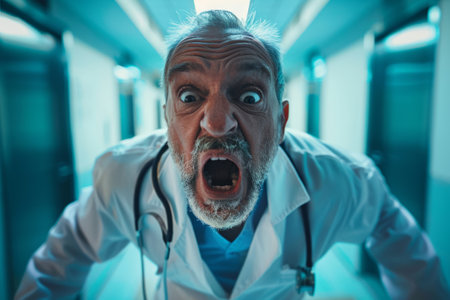 Stressed out doctor shouting in hospital corridorの素材