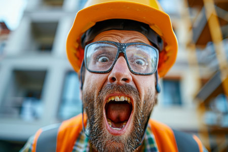 Construction worker wearing safety glasses and hard hat screamingの素材