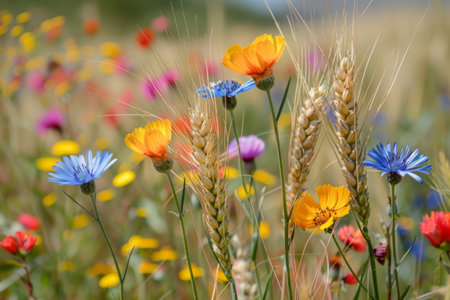 Wild flowers in a wheat fieldの素材