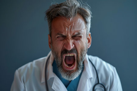 Stressed doctor shouting in hospital officeの素材