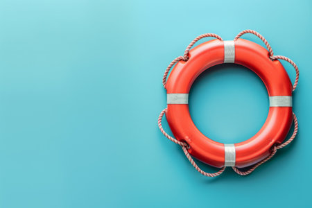 Orange lifebuoy hanging on a blue wall providing safety and security. Copy space for textの素材