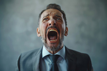 Businessman with shocked face expression, opening his mouth and staring. Copy space for textの素材