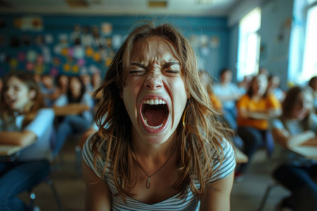 Angry teacher screaming in front of school classroomの素材