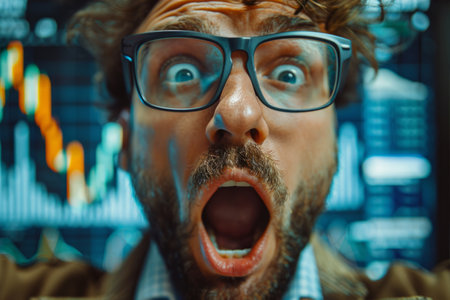 Stressed trader with panic attack watching stock market crashingの素材