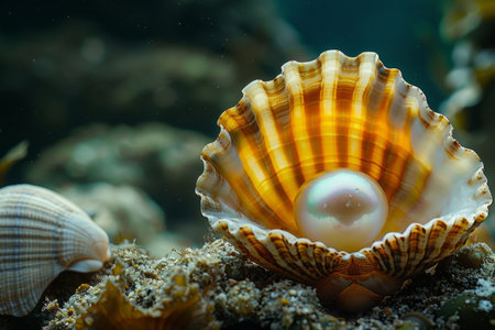 Beautiful pearl in an open seashell on the beachの素材