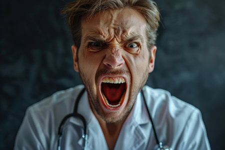 Stressed doctor shouting in hospital officeの素材