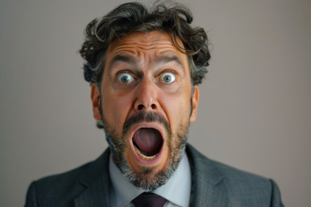 Businessman with shocked face expression, opening his mouth and staringの素材