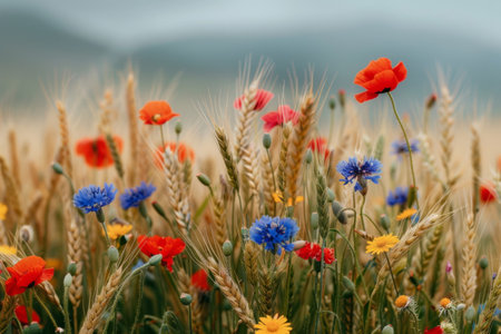 Wildflowers and wheat growing together in harmony in a fieldの素材