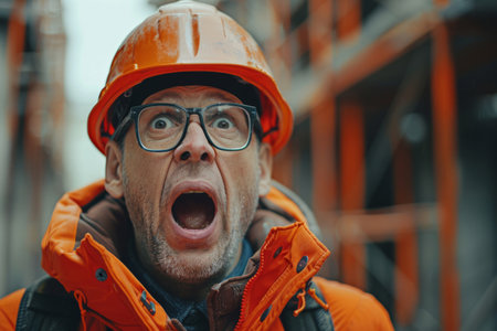 Construction worker wearing safety glasses and hard hat screamingの素材