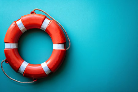 Orange lifebuoy hanging on a blue wall, safety and help conceptの素材
