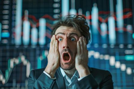Stressed trader with panic attack watching stock market crashingの素材