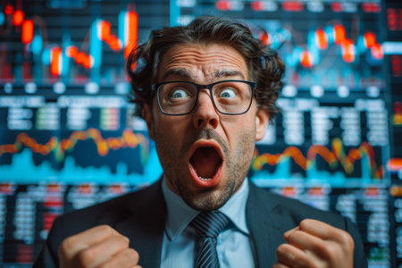 Stressed trader with panic attack watching stock market crashingの素材