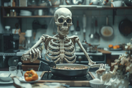 Skeleton wearing apron preparing food in kitchenの素材
