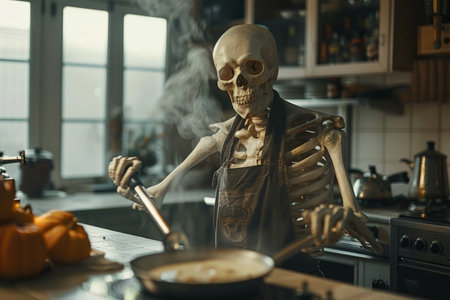 Skeleton wearing apron preparing food in kitchenの素材